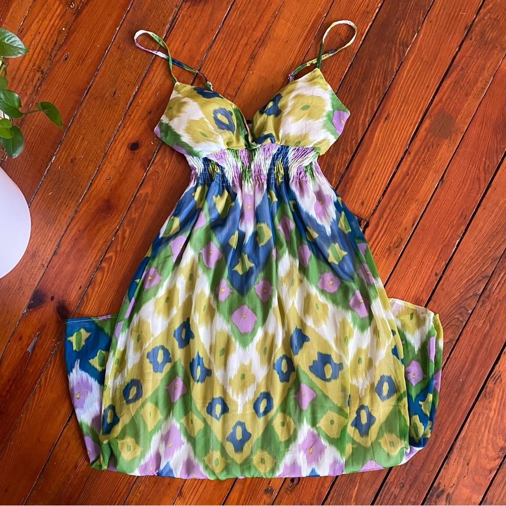 Retro Boho Blue Spaghetti Straped Green Maxi dress Size Large